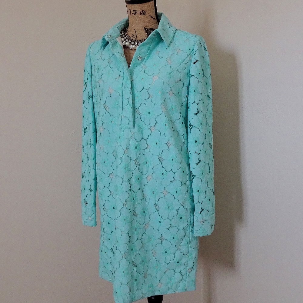 Diane von Furstenberg Turquoise Blue Floral Lace Leandra Shift Dress Size 6 - Picture 3 of 8